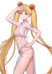  1girl absurdly_long_hair absurdres bishoujo_senshi_sailor_moon blonde_hair blue_eyes breasts closed_mouth hand_on_own_hip highres long_hair looking_at_viewer medium_breasts meme_attire modakawa_dress navel neck nose sailor_moon simple_background smile solo v very_long_hair 