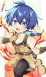  1boy bare_shoulders blue_eyes blue_hair blush child fire leeannpippisum lloyd_de_saloum looking_at_viewer male_focus open_mouth otoko_no_ko overalls short_hair smile tensei_shitara_dai_nana_oji_datta_no_de:_kimama_ni_majutsu_o_kiwamemasu 