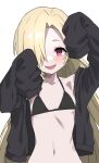  1girl bikini black_bikini flat_chest halulu highres idolmaster idolmaster_cinderella_girls jacket long_hair looking_at_viewer open_clothes open_jacket open_mouth shirasaka_koume smile solo straight_hair swimsuit 