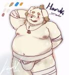  anthro asian_clothing bandage bandage_on_face belly blush bulge canid canine canis clothing domestic_dog east_asian_clothing floppy_ears fur hi_res japanese_clothing kemono male mammal mawashi moobs navel nipples one_eye_closed overweight solo sumo_wrestler topknot vres14k white_body white_fur wink 