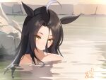  1girl absurdres ahoge animal_ears bathing black_hair closed_mouth earrings hair_between_eyes highres horse_ears horse_girl jewelry light_smile long_hair manhattan_cafe_(umamusume) multicolored_hair onsen partially_submerged single_earring solo two-tone_hair umamusume water white_hair yellow_eyes yuniki 