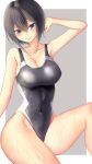  1girl absurdres arisu_(alice1019sm) armpits black_hair black_one-piece_swimsuit breasts cleavage commentary_request competition_swimsuit covered_navel grey_background hair_between_eyes highleg highleg_swimsuit highres large_breasts one-piece_swimsuit original short_hair sitting solo swimsuit two-tone_swimsuit wet wet_clothes wet_swimsuit 