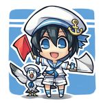  :d anchor_symbol animal bad_id bad_pixiv_id bird black_hair blue_eyes borrowed_character chibi chroma_(chroma000) clothed_animal dress flag hat holding looking_at_viewer open_mouth original sailor_dress sailor_hat smile 