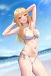  1girl :d absurdres armpits arms_up beach bikini blonde_hair blurry blurry_background breasts evan_(pixiv7510743) highres hoshino_ruby large_breasts looking_at_viewer navel ocean one_side_up oshi_no_ko outdoors pink_eyes side-tie_bikini_bottom smile star-shaped_pupils star_(symbol) sunlight swimsuit symbol-shaped_pupils wet white_bikini 