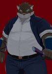  1boy absurdres alternate_body_size animal_ears ao_(9dtq0) bara big_belly brown_fur bulge cowboy_shot dog_boy dog_ears frown furry furry_male highres holding holding_sword holding_weapon looking_ahead male_focus moritaka_(housamo) pants pectorals scar scar_on_face serious solo standing sword thick_eyebrows thick_thighs thighs tokyo_afterschool_summoners weapon 