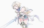 1girl ashelia_b'nargin_dalmasca bare_shoulders belt blonde_hair blue_belt boots breasts brown_eyes cowboy_shot detached_sleeves fighting_stance final_fantasy final_fantasy_xii holding holding_sword holding_weapon medium_breasts michibata_65 midriff_peek miniskirt navel open_mouth pelvic_curtain pink_skirt shirt short_hair skirt solo swept_bangs sword thigh_boots thighs weapon white_background white_shirt white_sleeves 