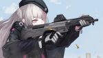  artistic_error asymmetrical_bangs beret black_coat black_jacket blue_sky blunt_bangs c-clamp cloud coat desert_tech_mdr eotech eotech_exps3 finger_on_trigger girls&#039;_frontline gloves grey_gloves grey_hair gun hat highres holding holding_gun holding_weapon jacket long_hair long_sleeves mdr_(girls&#039;_frontline) multicolored_hair open_clothes open_jacket pink_eyes pink_hair ponytail shell_casing side_ponytail sky target target_practice two-tone_hair upper_body very_long_hair weapon yakupan 