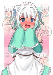  1girl @_@ absurdres apron aqua_hair aqua_skirt blue_eyes blush detached_sleeves embarrassed english_text frilled_apron frills ghost ghost_pose gradient_hair highres implied_sex indie_virtual_youtuber maid maid_headdress mint_fantome multicolored_hair multiple_views open_mouth skirt sleeves_past_fingers sleeves_past_wrists two_side_up virtual_youtuber waist_apron white_apron white_hair xanadu_avici 