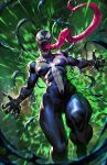  1girl black_bodysuit bodysuit breasts claws covered_abs dcwj highres long_tongue looking_at_viewer marvel medium_breasts open_mouth sharp_teeth she-venom signature solo spider-man_(series) symbiote teeth tongue tongue_out very_long_tongue 