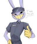  1boy animal_ears black_eyes commentary employee_uniform english_commentary english_text gloves grin hand_on_own_hip jax_(the_amazing_digital_circus) male_focus rabbit_boy rabbit_ears smile solo the_amazing_digital_circus thumbs_up uniform upper_body visor_cap yellow_gloves yellow_teeth yess_katfly 