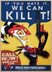  advertisement blitzo_(helluva_boss) clothing english_text facial_markings fingerless_gloves forehead_markings gloves gun handgun handwear head_markings helluva_boss hi_res holding_gun holding_object holding_ranged_weapon holding_weapon horn humanoid imp looking_at_viewer male markings parody pistol poster ranged_weapon red_body red_eyes red_skin sharp_teeth silencer simple_background smile solo speech_bubble standing suit teeth text watermark we_can_do_it! weapon wolfjedisamuel yellow_background 