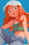  1girl baseball_cap blue_background crop_top denim earrings hat highres jeans jewelry long_hair looking_at_viewer midriff navel necklace open_mouth orange_eyes orange_hair original pants simple_background sitting solo takarai_shunsuke white_hat 