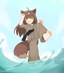 1girl absurdres ahoge animal_ear_fluff animal_ears barefoot belt black_belt brown_pants chinese_commentary clenched_hand commentary_request dougi feet full_body highres kuma-bound open_mouth original outdoors pants soles solo standing standing_on_liquid tail teeth upper_teeth_only water yellow_eyes 