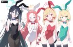  4girls absurdly_long_hair absurdres animal_ears aris_(blue_archive) black_hair black_leotard black_pantyhose black_thighhighs blonde_hair blue_archive blue_bow blue_eyes blush bow breasts cat_tail closed_mouth covered_navel cowboy_shot detached_collar detached_sleeves fake_animal_ears forehead game_development_department_(blue_archive) green_bow green_eyes green_halo green_leotard grin groin hair_bow halo hand_on_own_hip highres jyt leotard long_hair looking_at_viewer midori_(blue_archive) momoi_(blue_archive) multiple_girls open_mouth orange_halo pantyhose pink_halo purple_eyes rabbit_ears red_bow red_eyes red_hair red_leotard ringed_eyes short_hair siblings simple_background sisters small_breasts smile strapless strapless_leotard tail thighhighs twins very_long_hair white_background white_bow white_leotard wrist_cuffs yuzu_(blue_archive) 