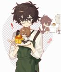  ! 2boys akechi_gorou amamiya_ren apron brown_eyes brown_hair brown_pants chibi closed_mouth cowboy_shot food gelato1014 glasses green_apron highres long_sleeves male_focus mini_person miniboy multiple_boys pancake pancake_stack pants persona persona_5 red_eyes semi-rimless_eyewear shirt short_hair sitting sweat white_shirt 