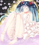  absurdres anklet bad_id bad_pixiv_id bare_legs bare_shoulders barefoot blue_hair closed_eyes dress flower hair_flower hair_ornament hands_on_own_chest hatsune_miku highres jewelry levi9452 long_hair rose sitting smile solo twintails vocaloid white_dress 