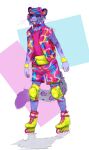  2022 anthro banoncat barbie_(film) clothing collar fanny_pack felid fur hair hat headgear headwear hi_res jacket knee_guards looking_at_viewer male mammal markings multicolored_body multicolored_fur open_mouth pantherine roller_skates s smug snow_leopard solo sportswear spots spotted_body spotted_fur teeth topwear tyedie visor_cap wristband 