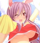  alternate_costume animal_ears arm_up bad_id bad_nicoseiga_id blush breasts bunny_ears cheerleader chimunge large_breasts lavender_hair long_hair looking_at_viewer no_bra one_eye_closed open_mouth pom_poms red_eyes reisen_udongein_inaba smile solo touhou underboob upper_body 