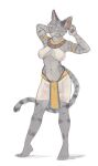  2023 anthro armband banoncat breasts clothed clothing digitigrade domestic_cat egyptian egyptian_clothing felid feline felis female fur hi_res jewelry looking_aside mammal necklace pawpads skimpy solo striped_body striped_fur stripes tiptoes 