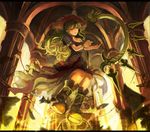  boots floating floating_object green_eyes green_hair harp hat instrument long_hair looking_at_viewer open_mouth pixiv_fantasia pixiv_fantasia_fallen_kings pointy_ears rikkido wind 