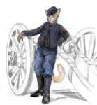  2023 anthro banoncat boots button_(fastener) calico_cat cannon clothing domestic_cat felid feline felis footwear hi_res jacket knee_boots knee_highs leaning_on_object legwear looking_at_viewer male mammal military_headwear military_uniform ranged_weapon solo topwear uniform weapon 