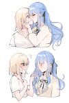  2girls @_@ absurdres artist_request bang_dream! bang_dream!_it&#039;s_mygo!!!!! black_ribbon blonde_hair blue_hair blush chinese_commentary commentary_request commission flying_sweatdrops hair_ribbon hand_on_another&#039;s_face highres kiss long_hair long_sleeves medium_hair meme misumi_uika multiple_girls purple_eyes ribbon second-party_source shirt simple_background thour_(meme) togawa_sakiko two_side_up white_background white_shirt yuri 