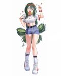  1980s_(style) 1girl asui_tsuyu belt black_belt blue_shorts boku_no_hero_academia bracelet breasts denim denim_shorts digital_media_player eyewear_on_head frog_girl full_body green_eyes green_hair highres jewelry large_breasts long_hair long_tongue looking_at_viewer low-tied_long_hair midriff musical_note necklace nike_(company) retro_artstyle scrunchie shirt shoes short_shorts shorts simple_background sneakers socks solo striped_clothes striped_shirt tied_shirt tongue tongue_out very_long_hair waligner white_background white_shirt white_socks wrist_scrunchie 