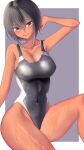  1girl absurdres arisu_(alice1019sm) armpits black_hair black_one-piece_swimsuit breasts cleavage commentary_request competition_swimsuit covered_navel grey_background hair_between_eyes highleg highleg_swimsuit highres large_breasts one-piece_swimsuit original short_hair sitting solo swimsuit tan two-tone_swimsuit wet wet_clothes wet_swimsuit 