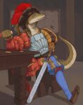  2021 anthro banon banoncat clothing coin drumstick_(food) food furniture headgear headwear hi_res holding_food holding_object inside looking_at_viewer male medieval_armor medieval_clothing melee_weapon reptile scabbard scalie sitting snake solo sword table weapon worn_footwear 