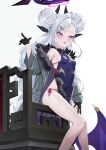  1girl alternate_costume black_gloves black_horns blue_archive blush breasts chair china_dress chinese_clothes coat demon_horns demon_wings dragon_print dress feet_out_of_frame fur-trimmed_coat fur_trim gloves grey_coat grey_hair halo highres hina_(blue_archive) horns long_hair multiple_horns open_clothes open_coat open_mouth purple_dress purple_eyes purple_wings rui_rubellent sideboob simple_background sleeveless sleeveless_dress small_breasts solo white_background wings 