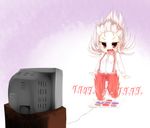  barefoot bikuseno bow chibi dance_pad fujiwara_no_mokou hair_bow long_hair pants playing_games purple_background red_eyes ribbon solo suspenders television touhou very_long_hair white_hair 