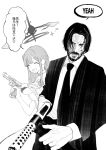  1boy 1girl ^_^ beard black_facial_hair black_necktie black_suit blue_archive capelet closed_eyes crossover facial_hair gun h&amp;k_p30 hair_bun hakai_(fgzr2275) halo handgun highres holding holding_gun holding_weapon john_wick john_wick_(character) lanchester_smg long_hair mika_(blue_archive) monochrome muzzle_device necktie scrunchie single_side_bun submachine_gun suit translation_request weapon white_background white_capelet wrist_scrunchie 