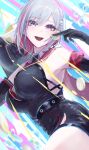  1girl 1other :d bare_shoulders belt black_belt black_gloves breasts coin commentary gloves highres holding holding_coin honkai:_star_rail honkai_(series) large_breasts looking_at_viewer multicolored_hair numby_(honkai:_star_rail) open_mouth purple_eyes red_hair revision sanshoku_dango_(ahxf3842) short_hair smile streaked_hair topaz_(honkai:_star_rail) trotter_(honkai:_star_rail) white_hair 