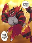  absurdres black_fur claws colored_sclera diforland english_text fire green_eyes grey_fur highres incineroar multicolored_fur open_mouth pointing pokemon pokemon_(creature) red_fur sharp_teeth solo speech_bubble teeth yellow_sclera 