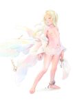  1girl barefoot bigrbear blonde_hair bloomers breasts coat cuffs highres key long_hair looking_back navel nipples off_shoulder open_clothes open_coat open_mouth original shackles small_breasts solo standing white_background white_bloomers yellow_eyes 