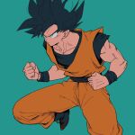  1boy black_hair blue_footwear blue_pants blue_sash blue_wristband clenched_hands dougi dragon_ball dragon_ball_z floating_hair green_background green_eyes highres kz_(dbz_kz) male_focus muscular muscular_male orange_pants orange_shirt pants sash shirt short_sleeves simple_background sleeveless sleeveless_shirt solo son_goku spiked_hair super_saiyan transformation 