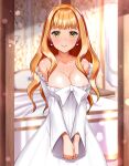  1girl absurdres black_clover breasts brown_hair cleavage closed_mouth dress earrings green_eyes highres indoors itacho_(itasha_draws) jewelry large_breasts light_particles long_hair looking_at_viewer mimosa_vermillion smile solo v_arms white_dress 