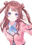  1girl blue_eyes blue_ribbon blush brown_hair gakuen_idolmaster hanami_saki hatsuboshi_gakuen_school_uniform hondahiro idolmaster index_finger_raised jacket long_hair looking_at_viewer pink_jacket ribbon school_uniform simple_background smile solo two_side_up upper_body white_background 