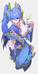  1girl blue_dress blue_eyes blue_hair blue_nails breasts cleavage closed_mouth collarbone commentary detached_sleeves dress fingernails full_body grey_background hair_between_eyes highres league_of_legends long_hair looking_at_viewer medium_breasts musical_note nail_polish sidelocks sigeumchimuchim simple_background smile solo sona_(league_of_legends) symbol-only_commentary twintails wide_sleeves 