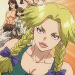  blonde_hair braid dr._stone dress green_dress hanada_nikki lips looking_at_viewer muscular muscular_female non-web_source parted_bangs thick_lips twin_braids 