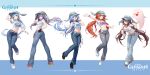  5girls ass baseball_cap belt black_gloves blue_hair blue_pants blunt_bangs blunt_tresses breasts brown_hair casual cbmus chinese_commentary commentary_request copyright_name denim flower-shaped_pupils ganyu_(genshin_impact) genshin_impact gloves grey_hat grey_pants hair_between_eyes hair_ornament hair_ribbon hat highres hu_tao_(genshin_impact) jeans kamisato_ayaka keqing_(genshin_impact) large_breasts light_blue_hair long_hair looking_at_viewer low_twintails medium_breasts midriff mole mole_under_eye multiple_girls navel nilou_(genshin_impact) one_eye_closed open_mouth pants ponytail purple_eyes purple_hair rabbit-ear_headwear red_eyes red_hair ribbon shirt shoes small_breasts smile sneakers symbol-shaped_pupils t-shirt tress_ribbon twintails white_belt white_shirt 