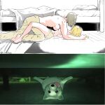  2girls alternate_form asymmetrical_docking bare_legs bed blonde_hair breast_press breasts co1fee dog dungeon_meshi falin_touden falin_touden_(tallman) grey_hair highres interrupted laios_touden marcille_donato multiple_girls pants parody photo_background short_shorts shorts sweat topless upside-down yuri 