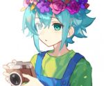  1boy aqua_eyes basil_(headspace)_(omori) basil_(omori) blue_hair blue_overalls camera film_grain gelato1014 green_shirt hair_between_eyes head_wreath holding holding_camera male_focus omori overalls shirt short_hair simple_background solo white_background 