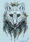  absurd_res ambiguous_gender anthro canid canine canis droplets fluffy_ears front_view fur green_eyes hi_res huge_filesize leaf mammal portrait solo stirren traditional_media_(artwork) white_body white_fur wolf 