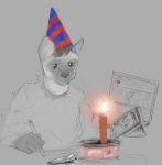  2023 anthro banoncat banoncat_(character) candle candlelight canned_food cat_food clothing computer desk drawing_tablet electronics furniture hat headgear headwear hi_res holding_object holding_stylus laptop lid light looking_at_object male party_hat pet_food shirt solo stylus table topwear two_tone_face whiskers youtube_logo 