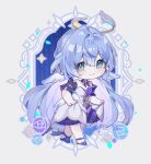  1girl aqua_eyes bare_shoulders blue_hair chibi closed_mouth detached_sleeves dress earrings hair_between_eyes halo head_wings honkai:_star_rail honkai_(series) jewelry long_hair no_bracelet no_gloves purple_dress purple_footwear robin_(honkai:_star_rail) short_sleeves simple_background smile solo standing two-tone_dress white_dress white_wings wings xiangyou_mi_tuan 