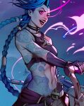  1girl bare_shoulders belt_buckle black_choker black_gloves black_lips black_shirt blue_background blue_hair braid breasts buckle choker crop_top fingerless_gloves gloves glowing glowing_eyes hair_rings jinx_(league_of_legends) league_of_legends long_hair medium_breasts midriff navel open_mouth purple_eyes shirt shoulder_tattoo signature solo stomach_tattoo tattoo tholia_bentz twin_braids upper_body very_long_hair 