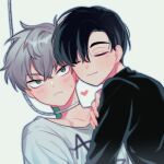 2boys alien_stage blush closed_eyes closed_mouth fang green_eyes grey_hair hand_on_another&#039;s_arm happy heart hug ivan_(alien_stage) male_focus mokapome multiple_boys shirt short_sleeves simple_background smile till_(alien_stage) upper_body white_background white_shirt yaoi 