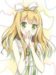  azuki_azusa blonde_hair blush casual covering_mouth dress fingers_together green_eyes hair_ornament headband hentai_ouji_to_warawanai_neko. kantoku_(style) long_hair looking_at_viewer sky_(freedom) solo steepled_fingers white_dress 