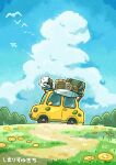  aircraft airplane backpack bag bird blue_sky car cloud highres moss motor_vehicle no_humans original overgrown scenery shimarisu_yukichi sky squirrel 